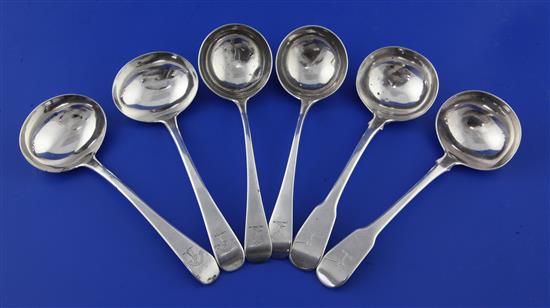 Two pairs of George III silver Old English pattern sauce ladles and a pair of similar fiddle pattern sauce ladles, 10.5 oz.